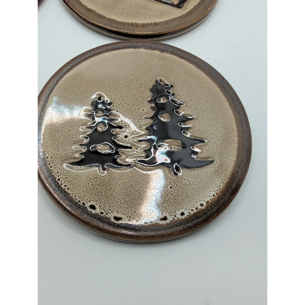 Home Studios Woodland Collection 4 Stoneware Coasters Bear Moose Canoe Pine Tree